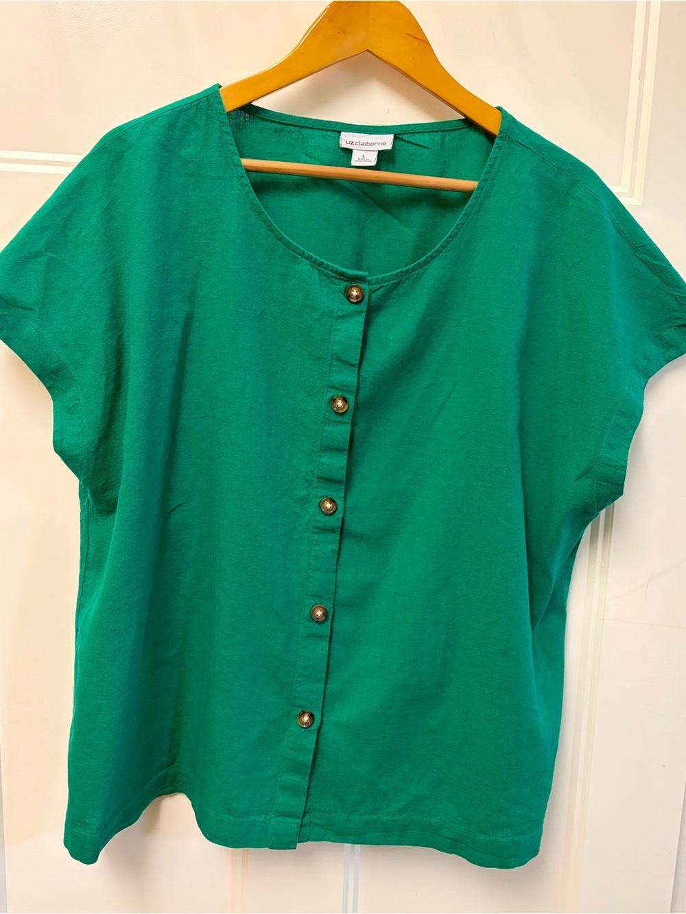 Liz Claiborne Emerald Green Button-Front Short Sleeve Blouse linen, cotton